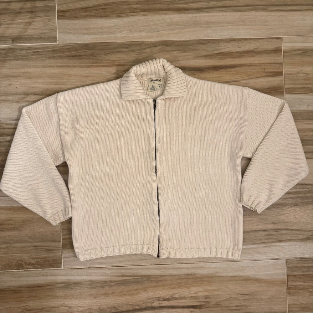 Vintage Eddie Bauer Cream Cotton Full Zip Cardigan Sweater Made in USA Medium